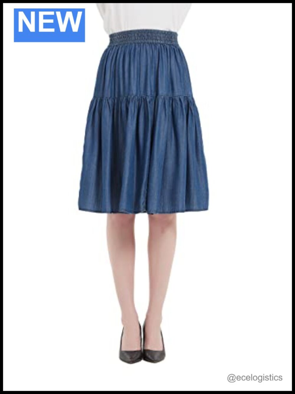 Tencel A-Line Tiered Skirt Lightweight Denim Knee Length